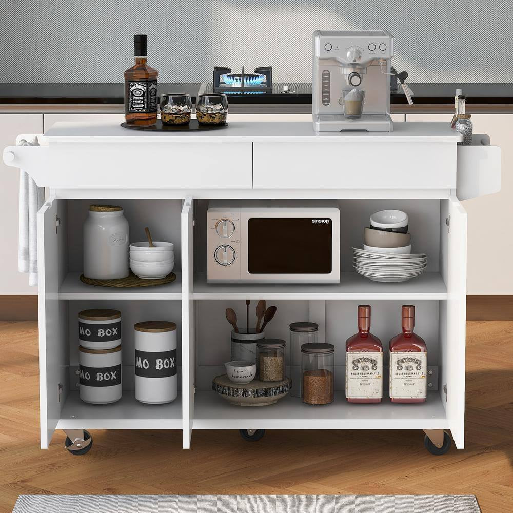 53.2 In. Rolling Kitchen Island Grill Carts on Wheels with Adjustable Shelves for Kitchen, Dining Room in White