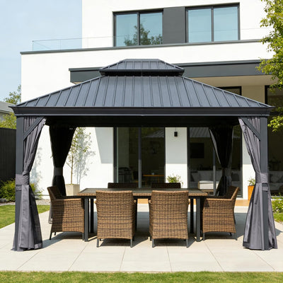 Domi 13' x 15' Hardtop Gazebo | Double Roof | Drainage System | Netting & Privacy Curtains