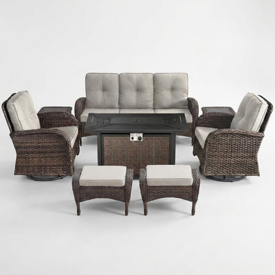Outdoor Patio Furniture Set Built for Year-Round Comfort, Fire Pit Table, Rattan Wicker, 4-Inch Cushions