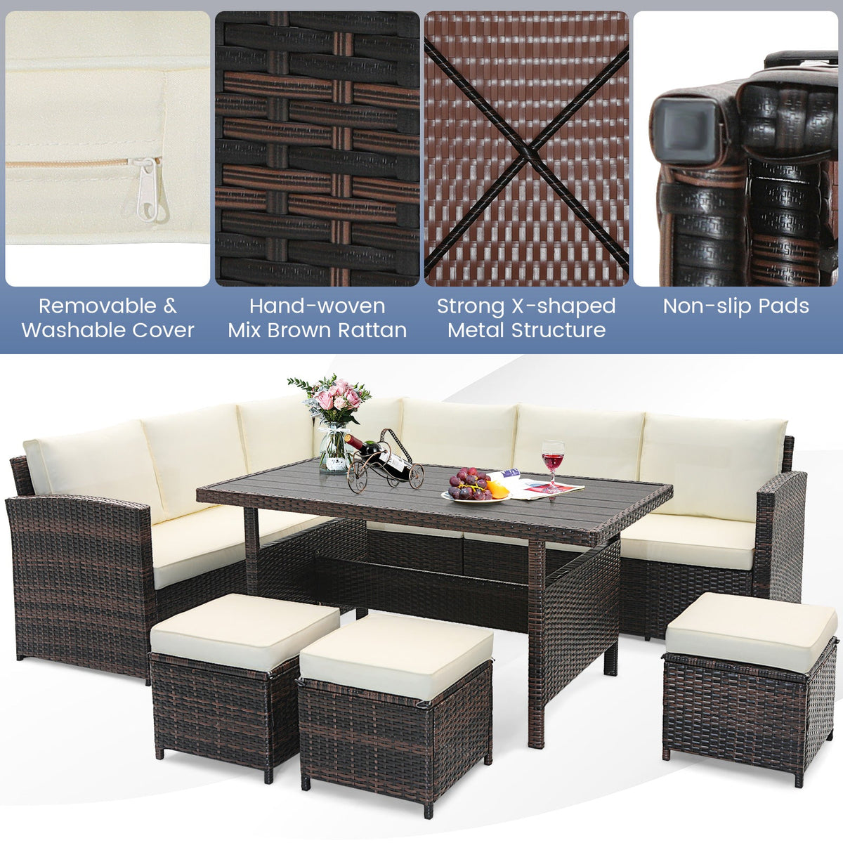 7-Piece White Wicker Patio Furniture Set | Hand-Woven Rattan | Removable Cushions