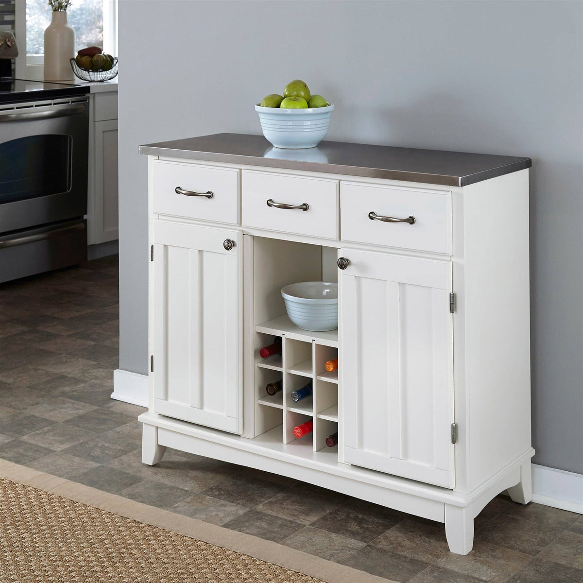 Stainless Steel Top Kitchen Island Sideboard | White | Wine Rack & Storage