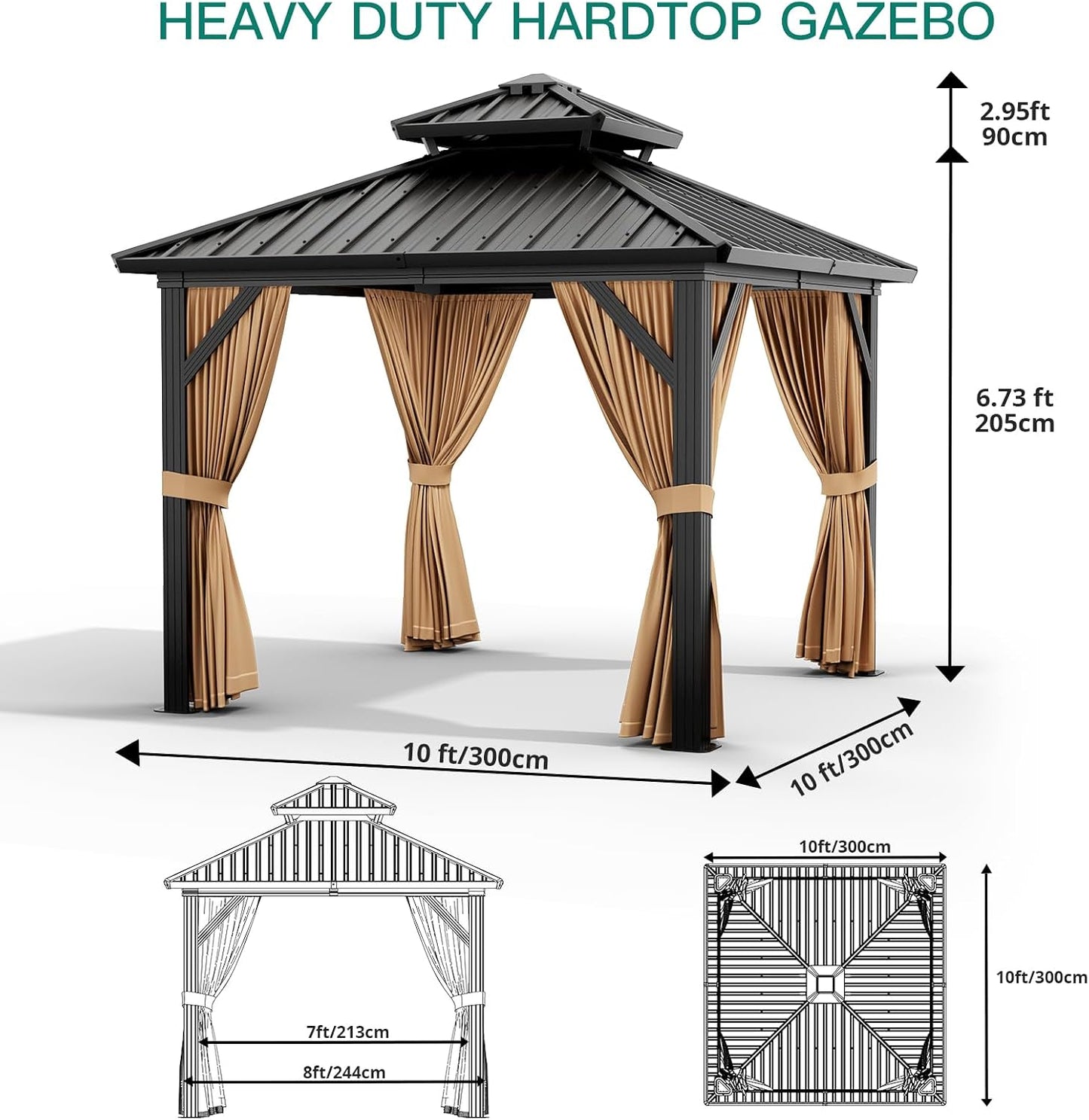 10X10 Ft Double Roof Hardtop Gazebo, Heavy Duty Galvanised Steel Hardtop Pavilion with Nettings and Curtains, Metal Roof Gazebo for Patio, Terrace, Lawn and Deck, Brown