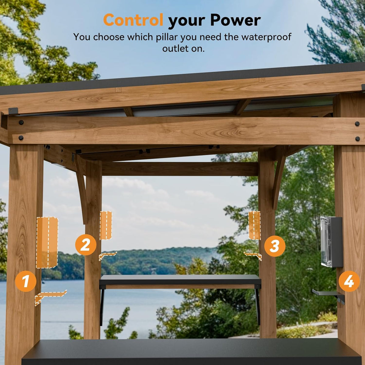 Modern Shade Wood Grill Gazebo 6X8 with USB Charging Power Strip & Shelves