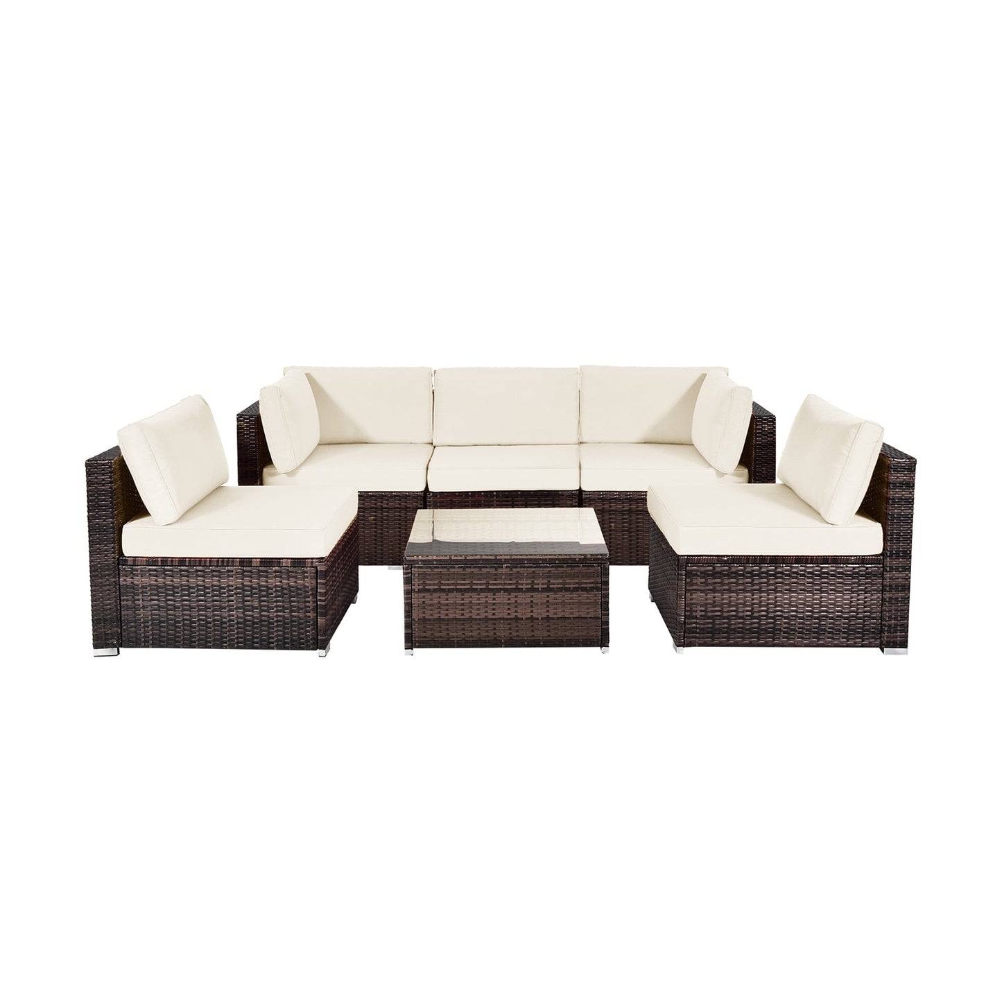 6-Piece Patio Rattan Furniture Set | Cushions & Glass Coffee Table