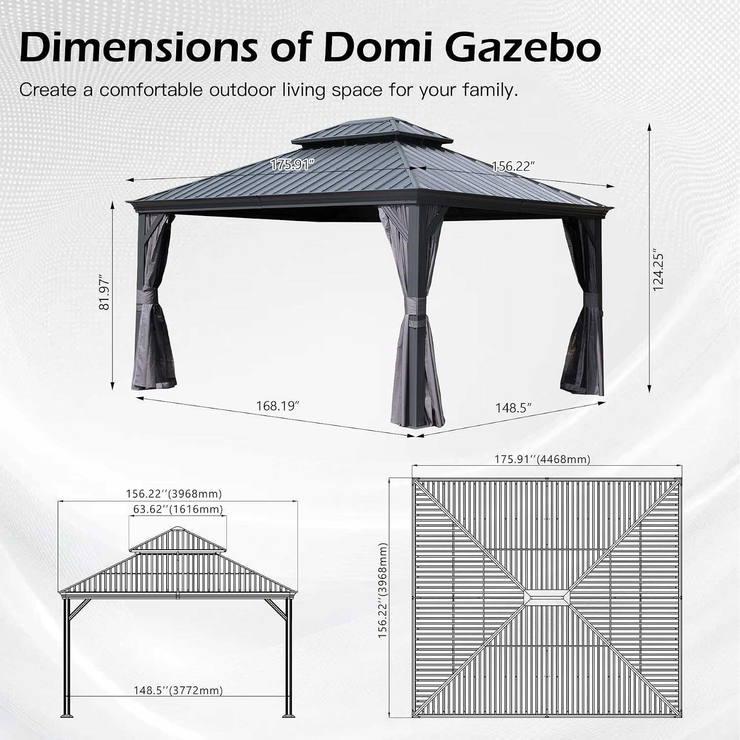Domi 13'X15' Gazebo, Hardtop Gazebo for Patio with Drainage System, Gray