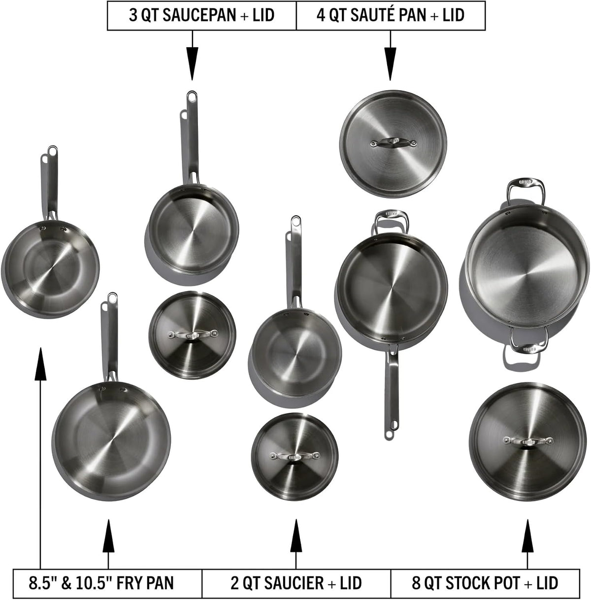 Eater Series 10 Piece Cookware Set | Made in USA | 5 Ply Fully Clad Stainless Steel Cookware Set | Stay Cool Handle | Induction Ready & Non-Toxic