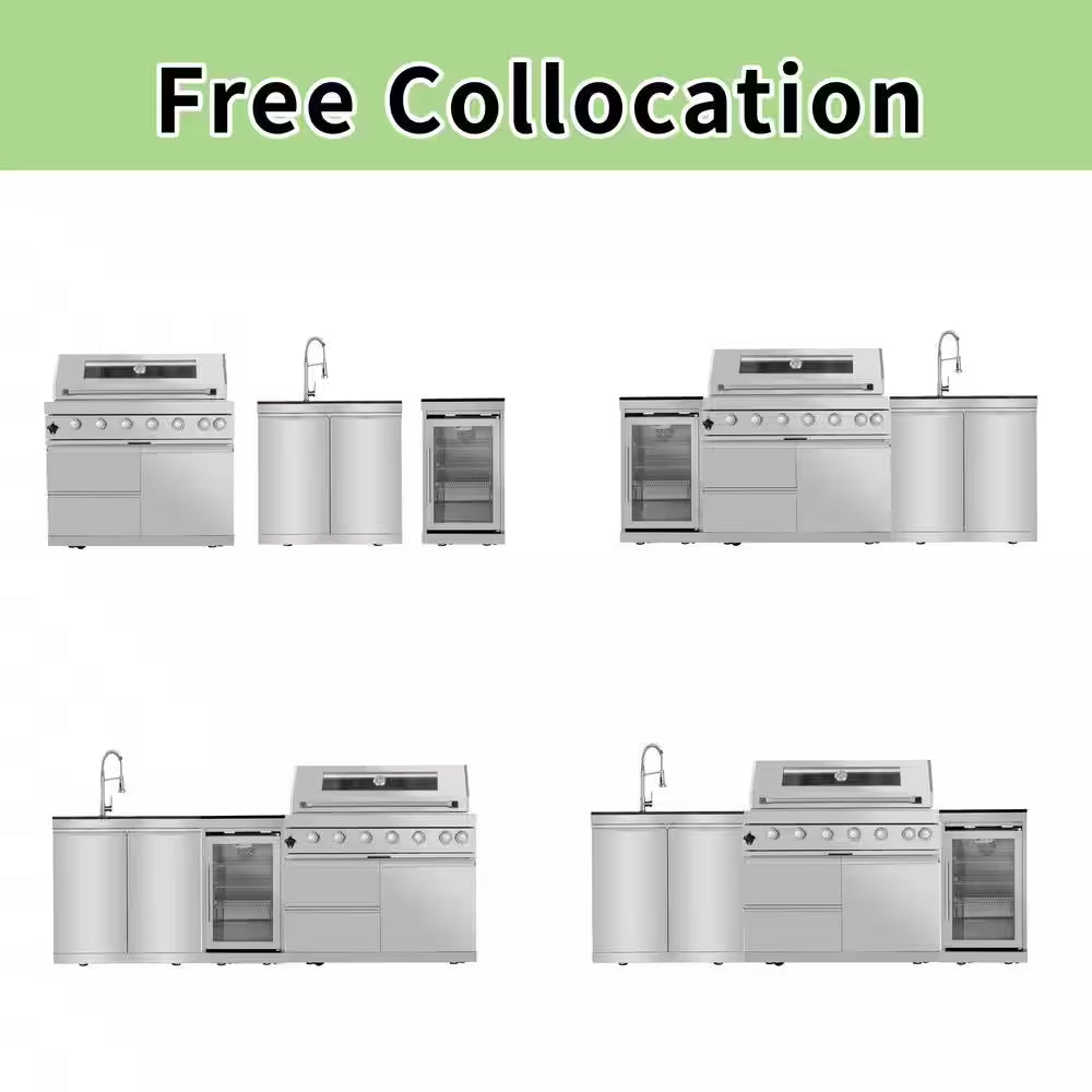 43 In. 6-Burner Propane Gas Grill Island Outdoor Kitchen in Stainless Steel with Refrigerator, Sink