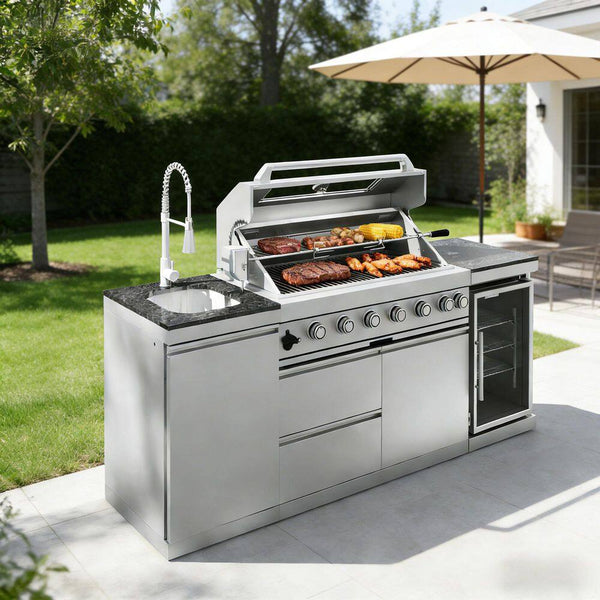 43-Inch 6-Burner Propane Gas Grill Island | 85,000 BTU | Refrigerator & Sink