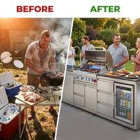 102.4" Outdoor Kitchen Island, 4-Burner Propane Gas BBQ Grill 59500 BTU 304 Stainless Steel, Built-In Sink & Refrigerator for Backyard Patio Cooking (Silver, 102.4"') — Before & After