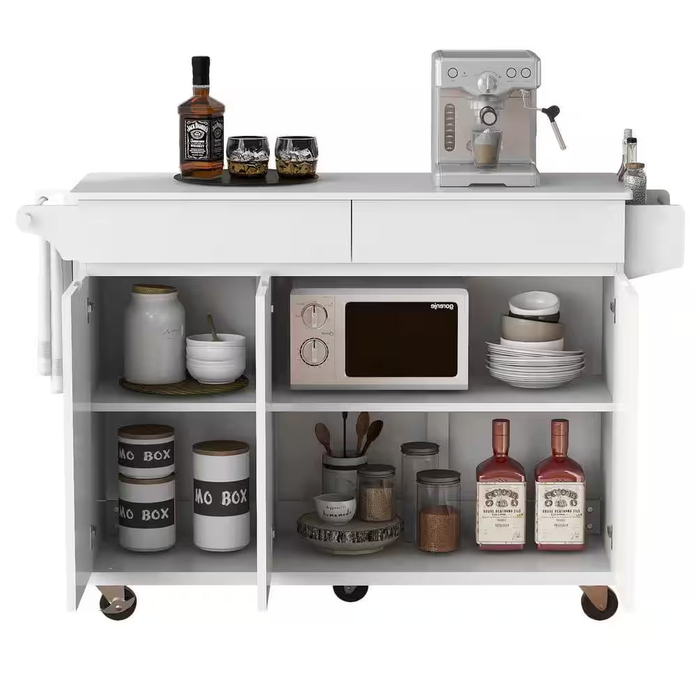 53.2 In. Rolling Kitchen Island Grill Carts on Wheels with Adjustable Shelves for Kitchen, Dining Room in White