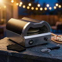 12 In. Propane Pizza Oven, Outdoor Pizza Oven in Black with Rotating Pizza Stone, Glove and Pizza Cutter — Studio Shot