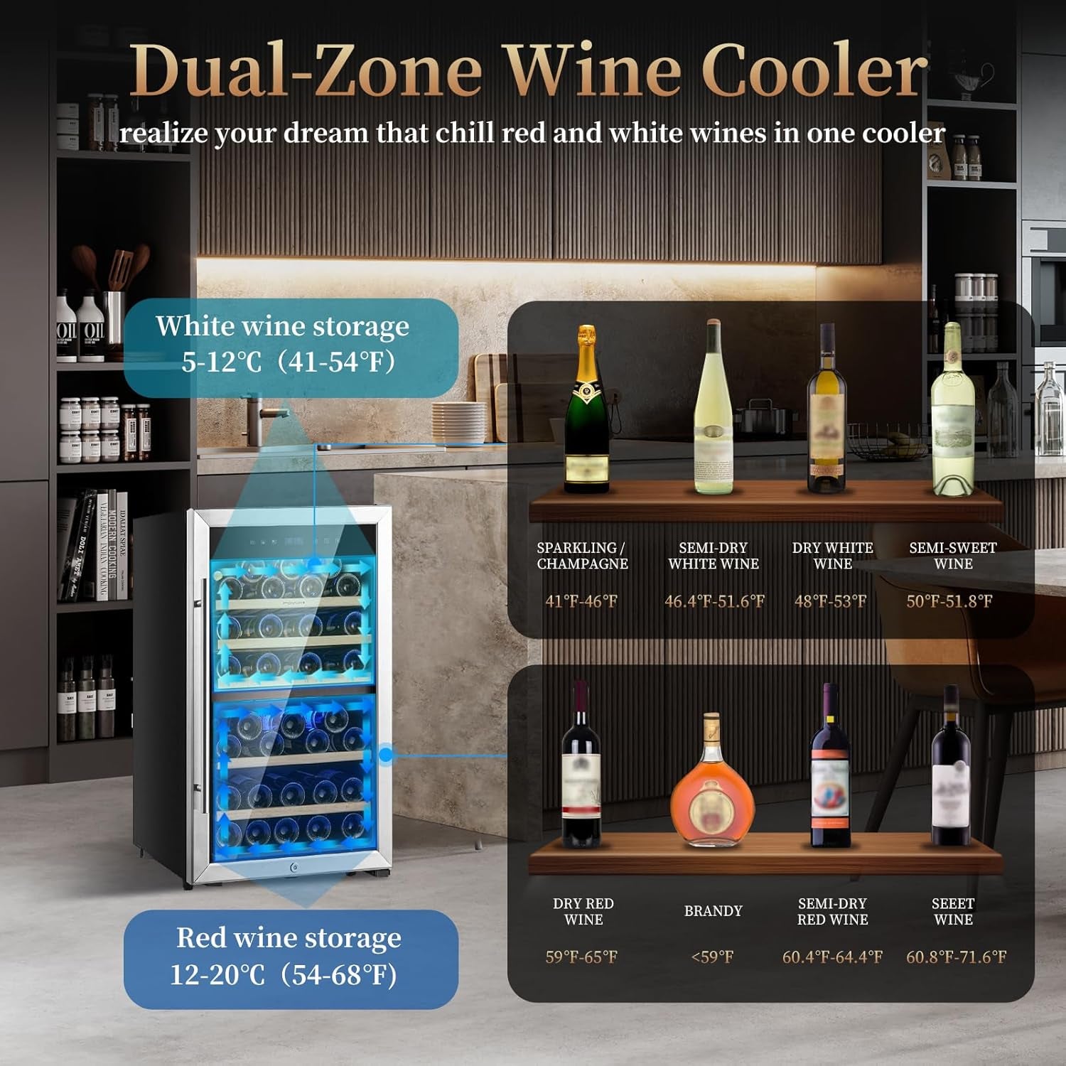 Wine Fridge 52-Bottle Wine Cooler Refrigerators Dual-Zone