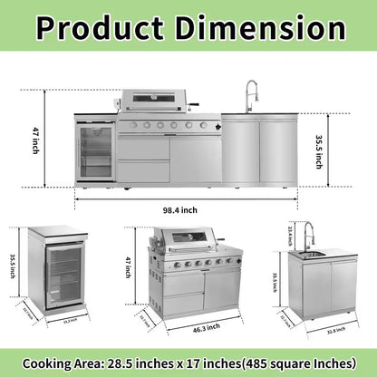 46 In. 4-Burner Propane Gas Grill Island Outdoor Kitchen in Stainless Steel with Refrigerator, Sink