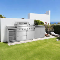Outdoor Kitchen Island Built for Backyard Entertaining, Propane Grill, Sink, Refrigerator, Storage