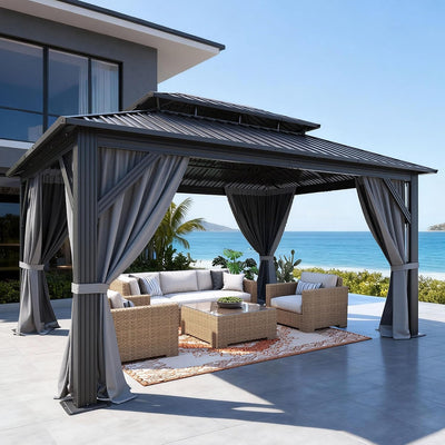 DWVO 16' x 12' Metal Hardtop Gazebo | Double Roof | Mesh Curtains | Outdoor Canopy