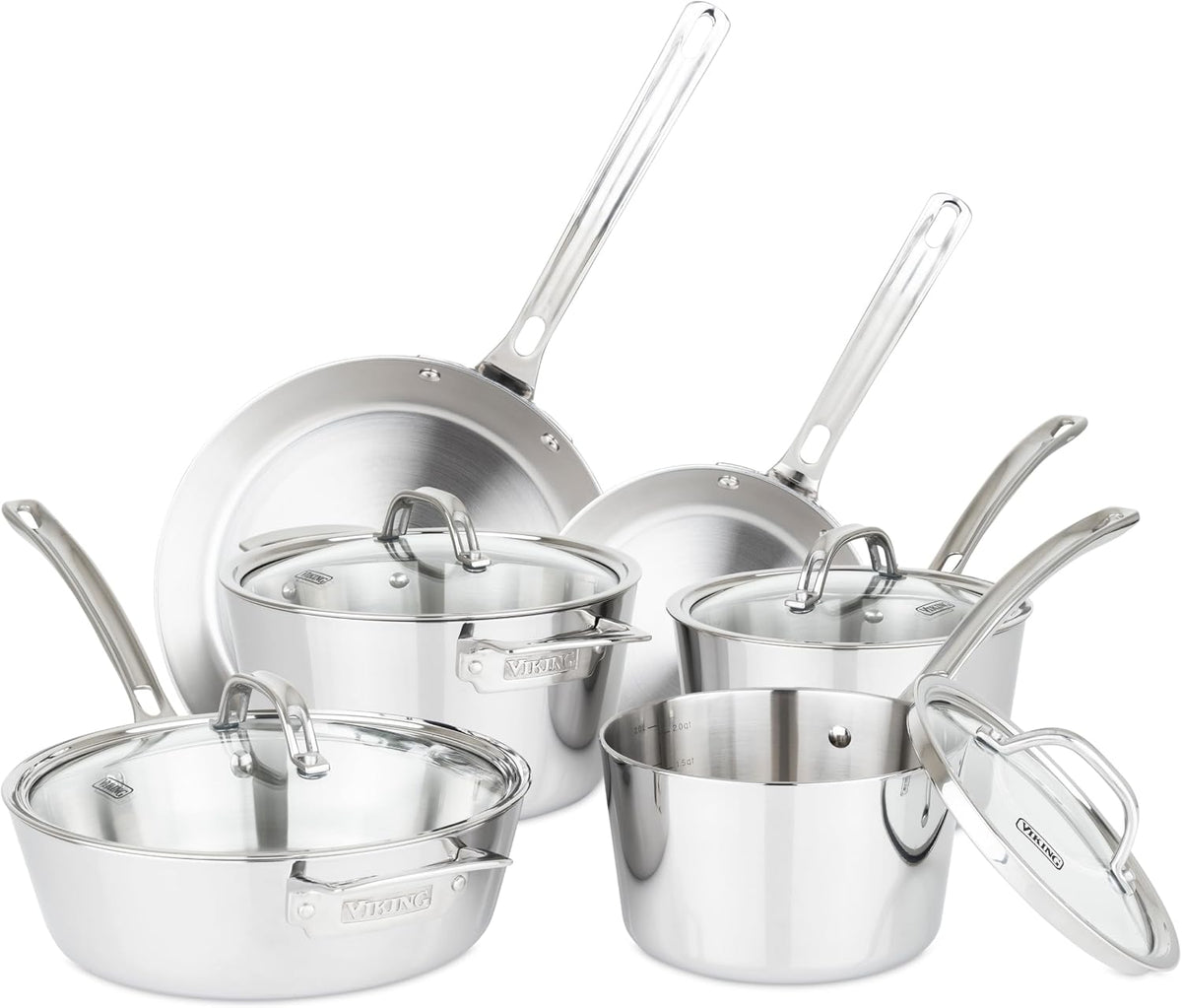 Viking Contemporary 3-Ply Pots and Pans Set, 10 Piece Stainless Steel Kitchen Cookware, Silver