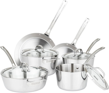 Viking Contemporary 3-Ply Pots and Pans Set, 10 Piece Stainless Steel Kitchen Cookware, Silver