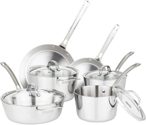 Viking Contemporary 3-Ply Pots and Pans Set, 10 Piece Stainless Steel Kitchen Cookware, Silver