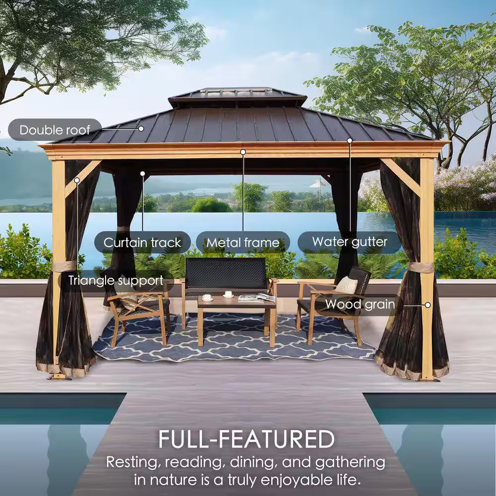 Apollo 12 Ft. X 16 Ft. Wood like Aluminum Hardtop Gazebo with Galvanized Steel Roof and Mosquito Net
