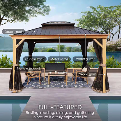 Apollo 12 Ft. X 16 Ft. Wood like Aluminum Hardtop Gazebo with Galvanized Steel Roof and Mosquito Net