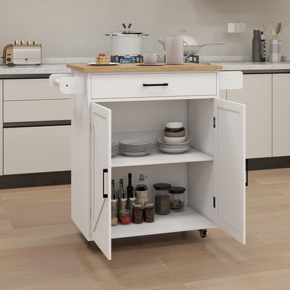 Farmhouse Style Kitchen Island with Rolling Wheels,Indoor Kitchen Islands with Towel and Spice Racks,2 Doors & 1 Drawer,Kitchen Storage Cart W/Adjustable Shelf,For Kitchen,White