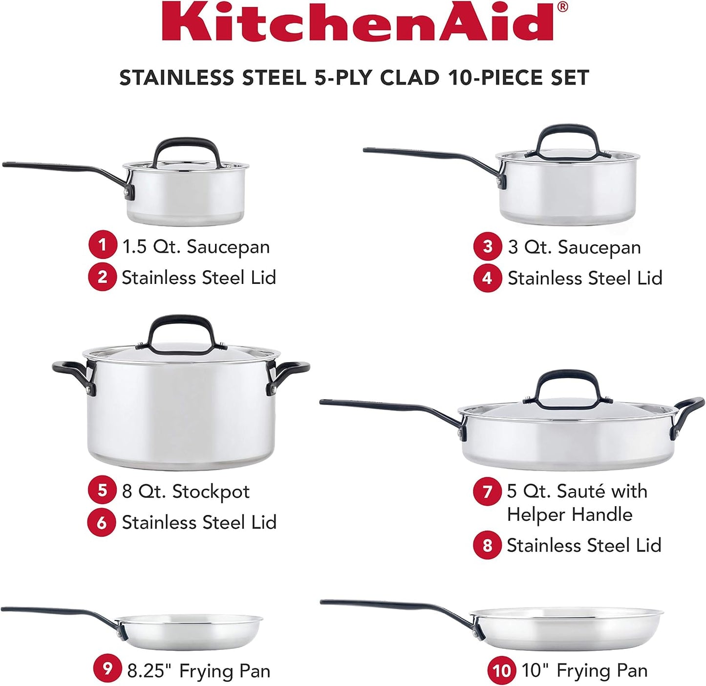 Kitchenaid Stainless Steel Cookware Induction Pots and Pans Set, 10-Piece
