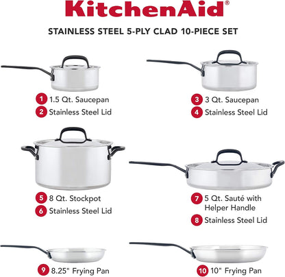Kitchenaid Stainless Steel Cookware Induction Pots and Pans Set, 10-Piece