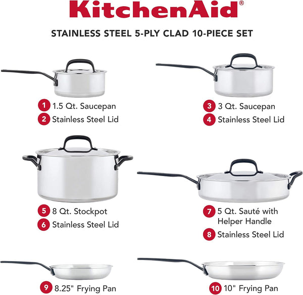 KitchenAid 5-Ply Clad Stainless Steel 10-Piece Cookware Set | Induction Compatible | Oven & Broiler Safe to 500°F