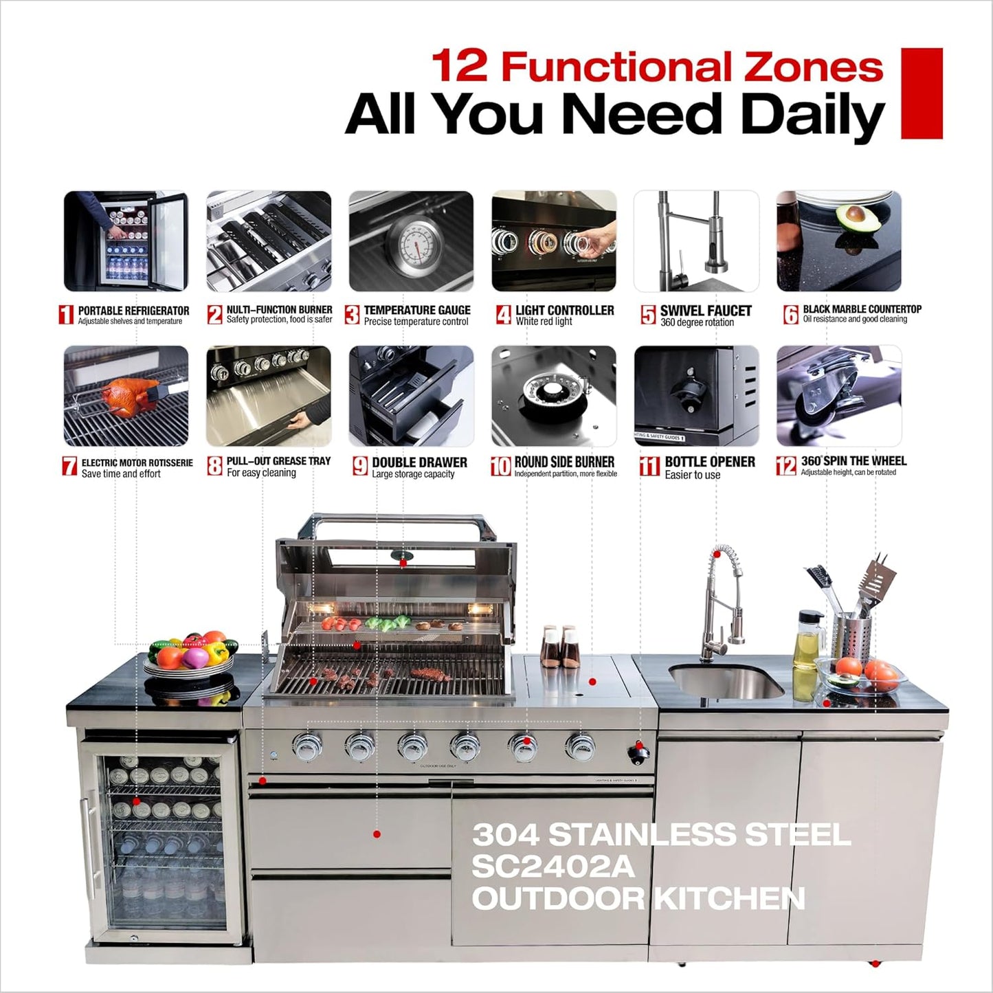 98 Inches Outdoor Kitchen Island, 4-Burner 72000 BTU Propane Stainless Steel BBQ with Side/Rear Burners, with Refrigerator and Sink, Rotisserie, Granite Countertops, Storage, for Backyard BBQ, Silver