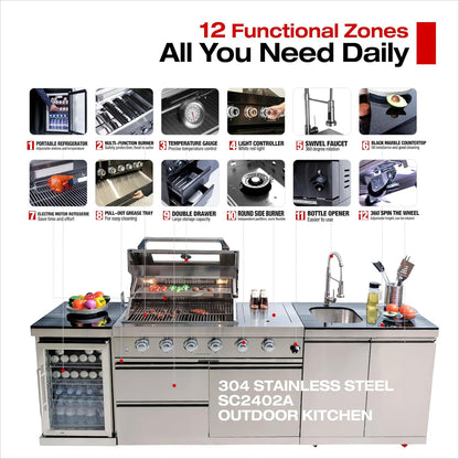 98 Inches Outdoor Kitchen Island, 4-Burner 72000 BTU Propane Stainless Steel BBQ with Side/Rear Burners, with Refrigerator and Sink, Rotisserie, Granite Countertops, Storage, for Backyard BBQ, Silver