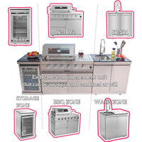 Outdoor Kitchen Island Built for Backyard Entertaining, Propane Grill, Sink, Refrigerator, Storage