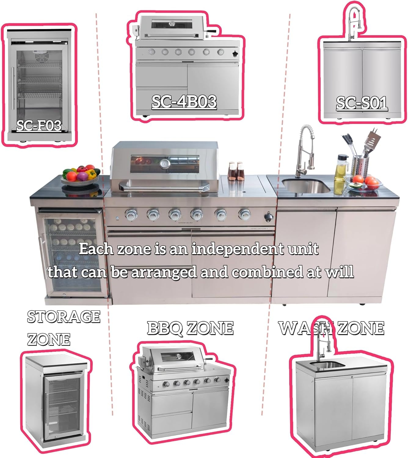 98 Inches Outdoor Kitchen Island, 4-Burner 72000 BTU Propane Stainless Steel BBQ with Side/Rear Burners, with Refrigerator and Sink, Rotisserie, Granite Countertops, Storage, for Backyard BBQ, Silver