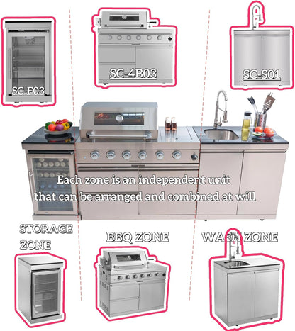 98 Inches Outdoor Kitchen Island, 4-Burner 72000 BTU Propane Stainless Steel BBQ with Side/Rear Burners, with Refrigerator and Sink, Rotisserie, Granite Countertops, Storage, for Backyard BBQ, Silver