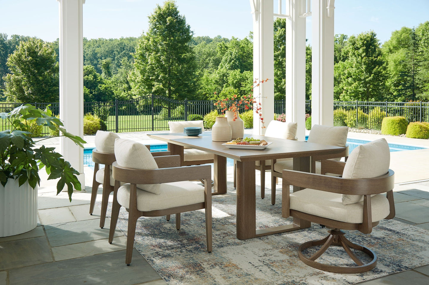 Serene Bay 7-Piece Outdoor Dining Set | Dark Brown | Arm & Swivel Chairs
