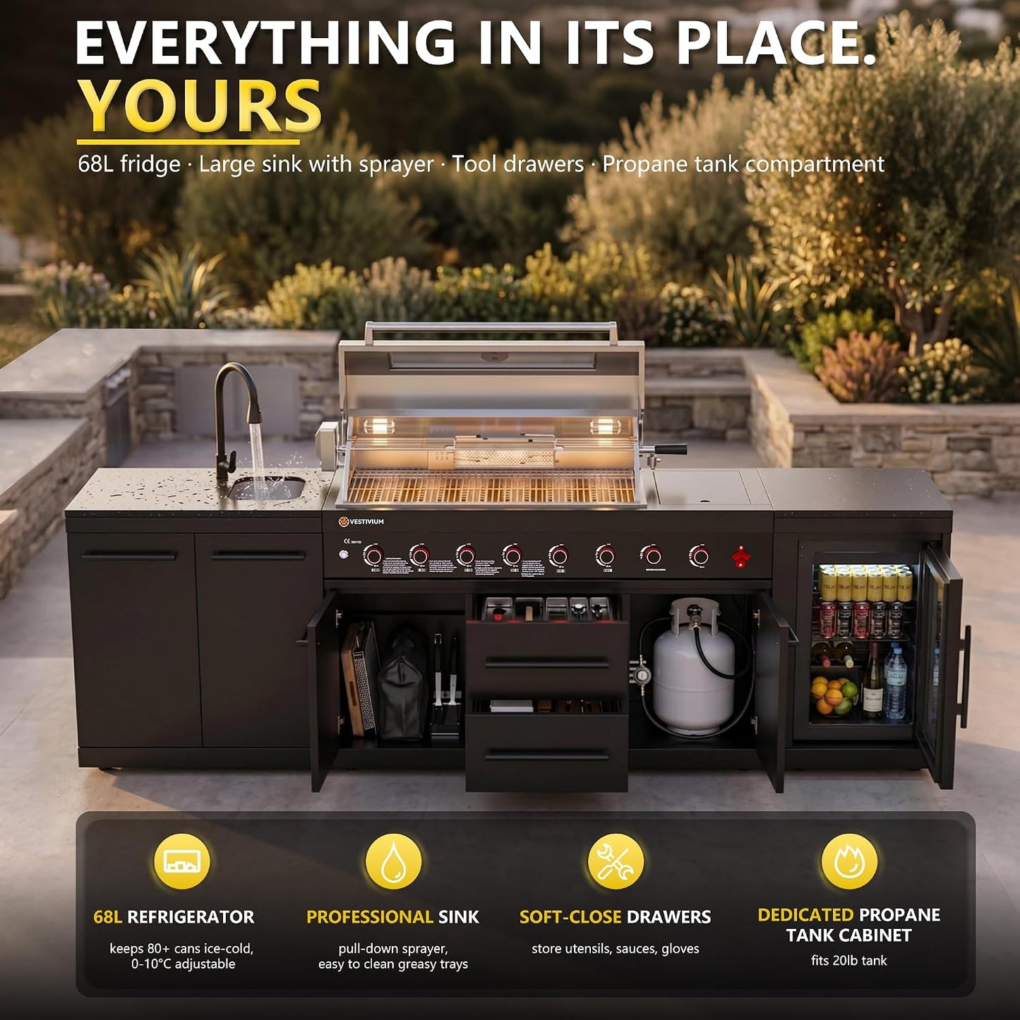109" All-In-One Outdoor Kitchen, 8-Burner Modular Grill Station, Powder Coating Black SS304 & Black Granite, Sink, Fridge, Complete BBQ Set for Large Patios & Backyards (Propane)