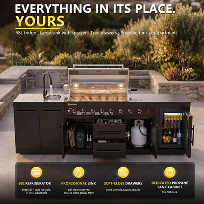 109" All-In-One Outdoor Kitchen, 8-Burner Modular Grill Station, Powder Coating Black SS304 & Black Granite, Sink, Fridge, Complete BBQ Set for Large Patios & Backyards (Propane)