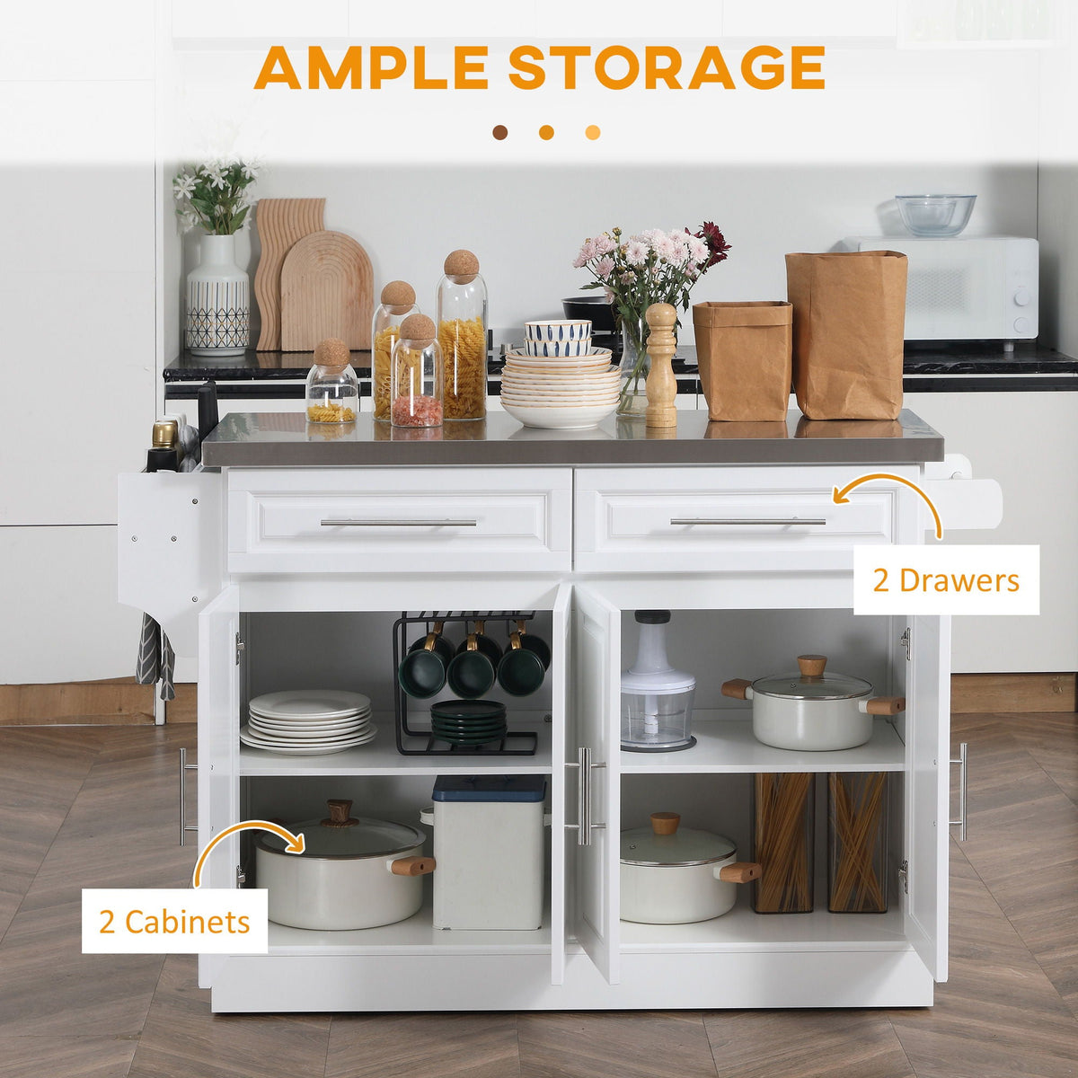 Rolling Kitchen Island | Stainless Steel Top | 2 Drawers, Cabinets & Kitchen Organizers