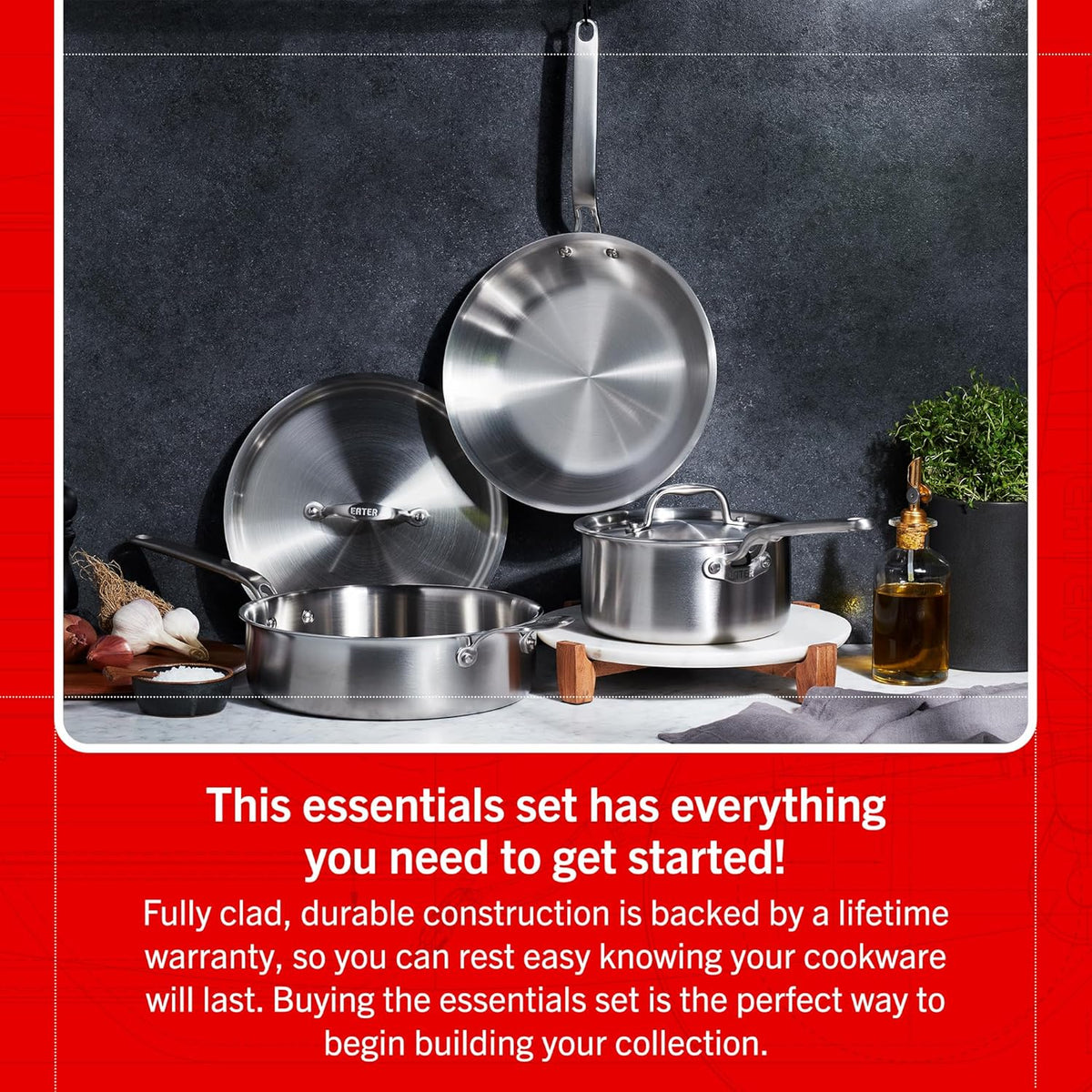 Eater Series 5 Piece Essentials Set | Made in USA | 5 Ply Fully Clad Stainless Steel Cookware Set | Stay Cool Handle | Induction Ready & Non-Toxic