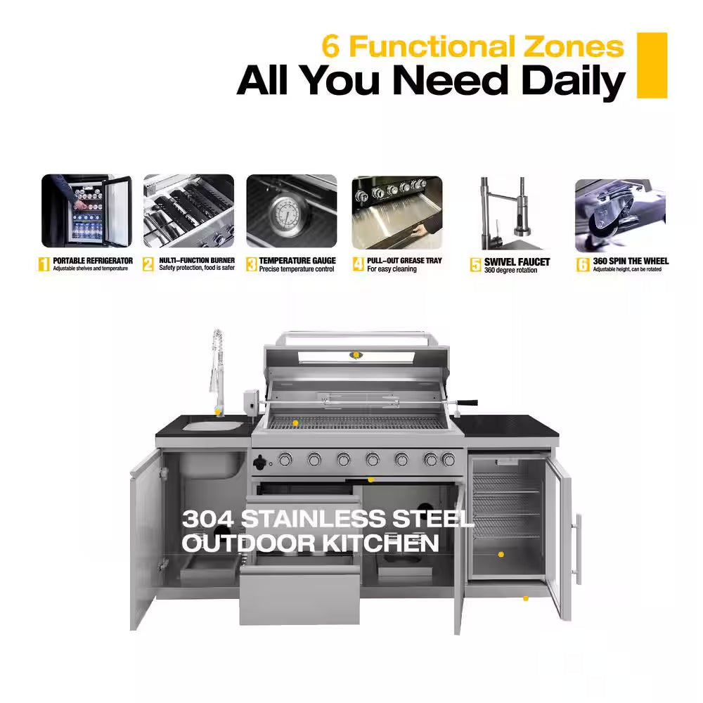 43 In. 6-Burner 85000 BTU Propane Gas Grill Island Outdoor Kitchen with Refrigerator, Sink in Silver Stainless Steel