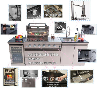 98 Inches Outdoor Kitchen Island, 4-Burner 72000 BTU Propane Stainless Steel BBQ with Side/Rear Burners, with Refrigerator and Sink, Rotisserie, Granite Countertops, Storage, for Backyard BBQ, Silver