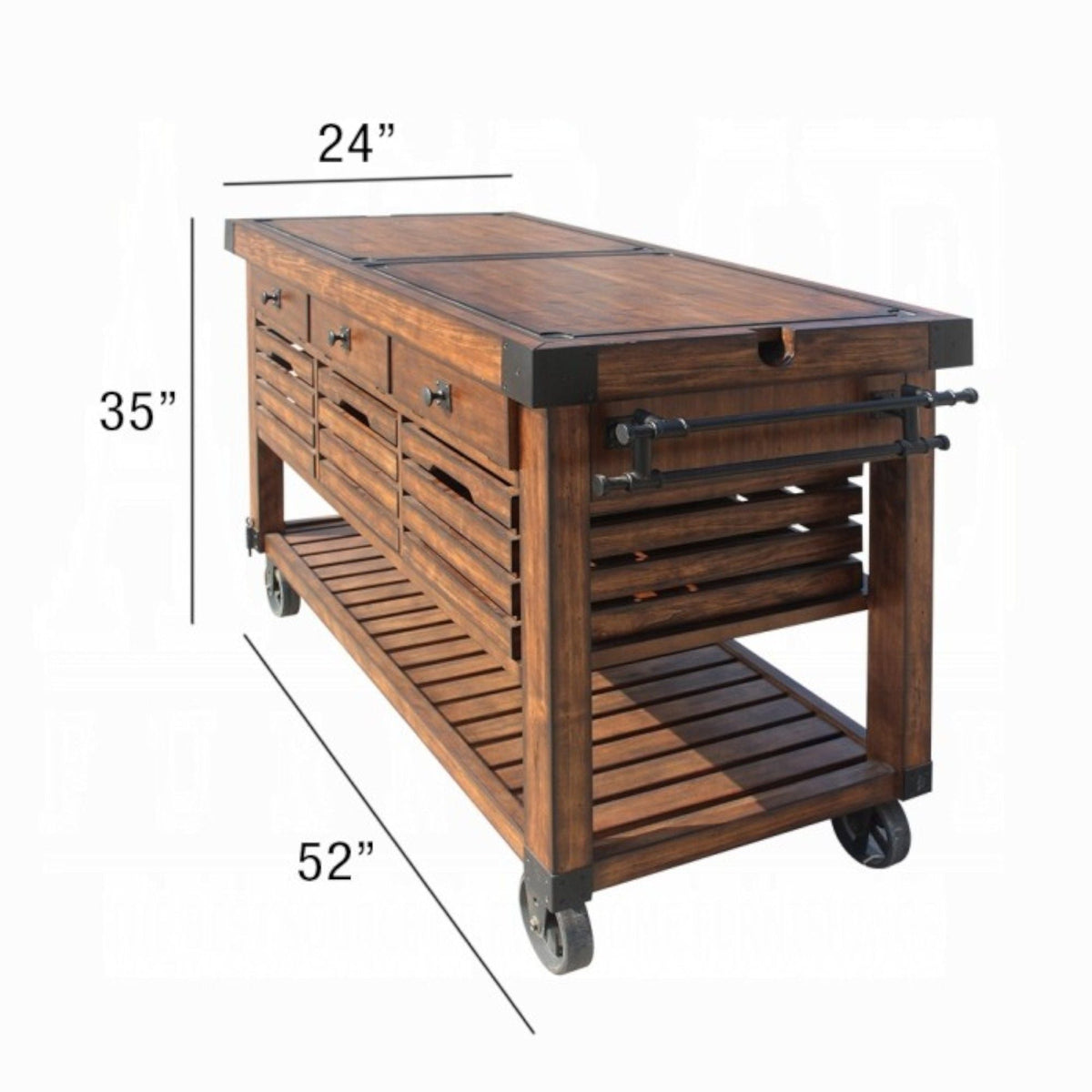 Kaif Distressed Chestnut Kitchen Cart | Removable Top Boards | Locking Casters