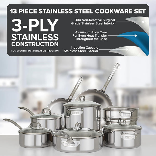 Viking 3-Ply 13 Piece Stainless Steel Cookware Set | Glass Lids & Strainer