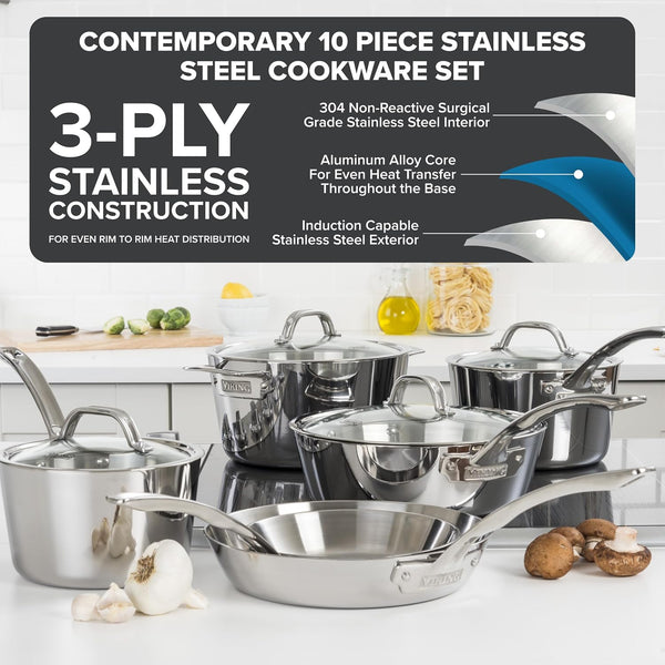 Viking Contemporary 3-Ply Stainless Steel 10-Piece Cookware Set | Induction Compatible | Oven, Broiler & Grill Safe to 600°F