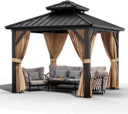 10X10 Ft Double Roof Hardtop Gazebo, Heavy Duty Galvanised Steel Hardtop Pavilion with Nettings and Curtains, Metal Roof Gazebo for Patio, Terrace, Lawn and Deck, Brown