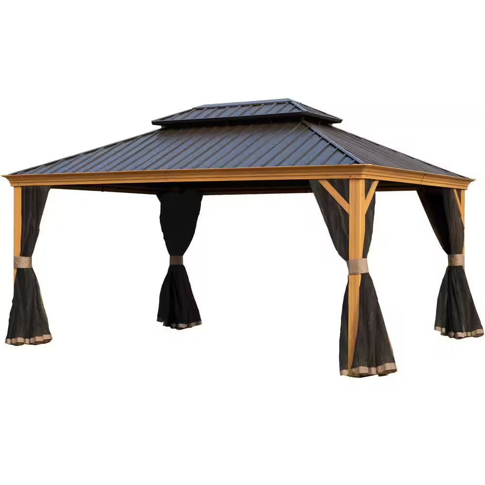 Apollo 12 Ft. X 16 Ft. Wood like Aluminum Hardtop Gazebo with Galvanized Steel Roof and Mosquito Net