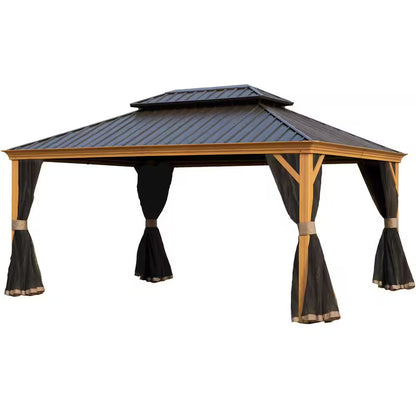 Apollo 12 Ft. X 16 Ft. Wood like Aluminum Hardtop Gazebo with Galvanized Steel Roof and Mosquito Net