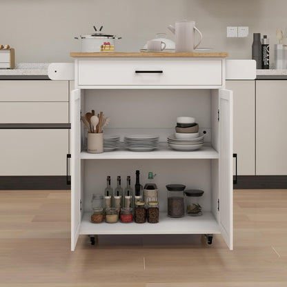 Farmhouse Style Kitchen Island with Rolling Wheels,Indoor Kitchen Islands with Towel and Spice Racks,2 Doors & 1 Drawer,Kitchen Storage Cart W/Adjustable Shelf,For Kitchen,White