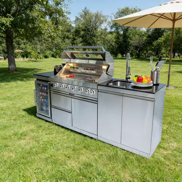 43-Inch 6-Burner Propane Gas Grill Island | 85,000 BTU | Refrigerator & Sink