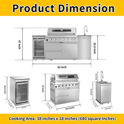43 In. 6-Burner 85000 BTU Propane Gas Grill Island Outdoor Kitchen with Refrigerator, Sink in Silver Stainless Steel