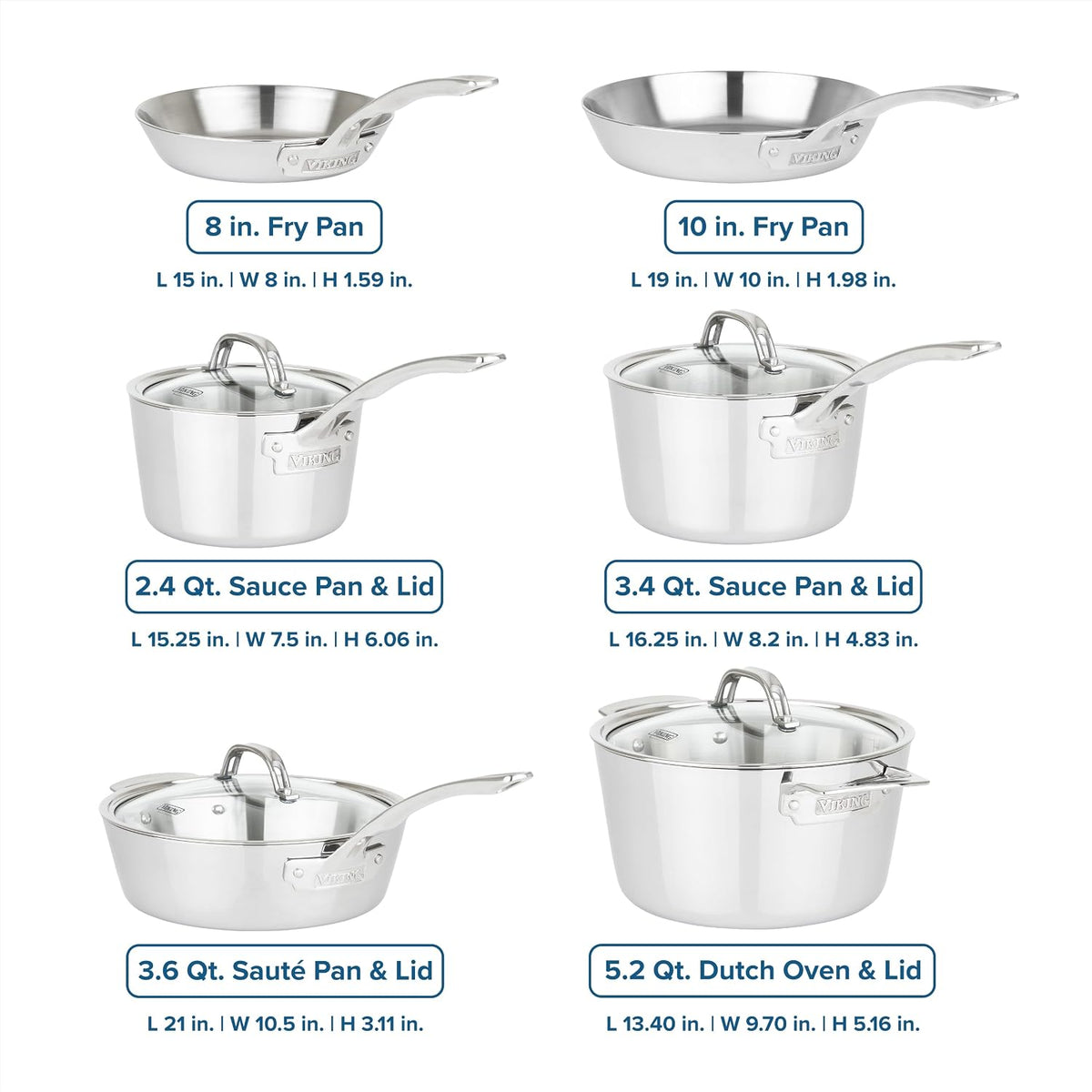Viking Contemporary 3-Ply Pots and Pans Set, 10 Piece Stainless Steel Kitchen Cookware, Silver
